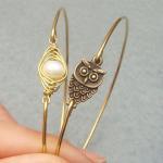 Owl and Fresh Water Pearl Bean Bangle 2 Bracelet Set