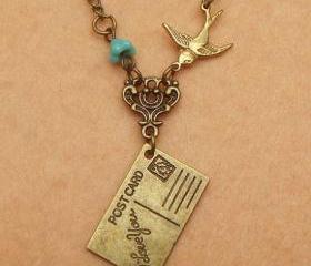 PostCard Bird and Flower Necklace